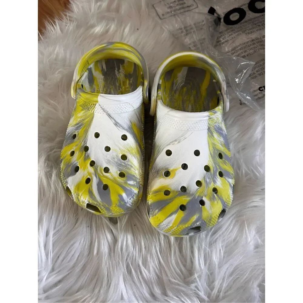 Crocs Classic Marbled Tie-Dye Clog 206867-1FJ White Grey Yellow Womens Size 6